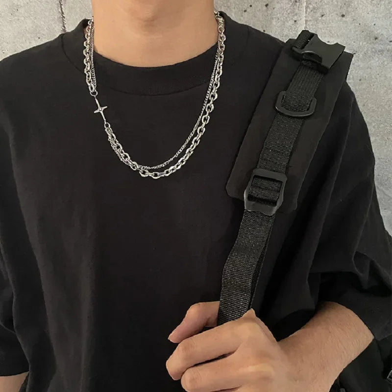 Mens Stainless Steel Double Layer Chain Necklace with Cross Pendant - Punk Rock Fashion Jewelry - Buzzastore