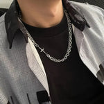 Mens Stainless Steel Double Layer Chain Necklace with Cross Pendant - Punk Rock Fashion Jewelry - Buzzastore