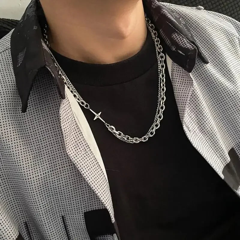 Mens Stainless Steel Double Layer Chain Necklace with Cross Pendant - Punk Rock Fashion Jewelry - Buzzastore