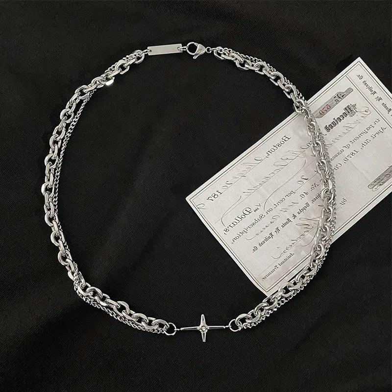 Mens Stainless Steel Double Layer Chain Necklace with Cross Pendant - Punk Rock Fashion Jewelry - Buzzastore