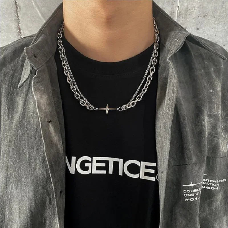 Mens Stainless Steel Double Layer Chain Necklace with Cross Pendant - Punk Rock Fashion Jewelry - Buzzastore