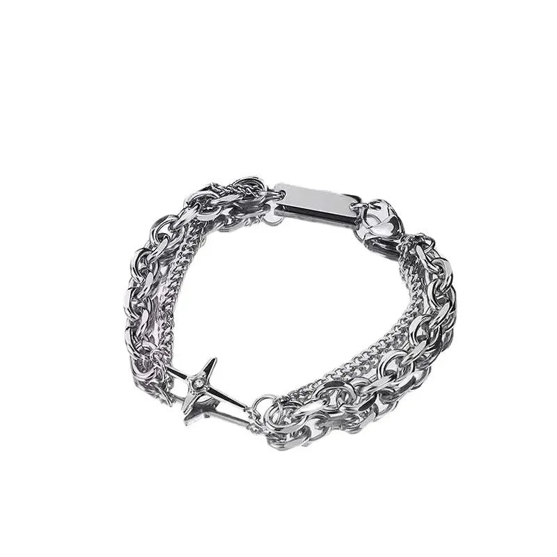 Mens Stainless Steel Double Layer Chain Necklace with Cross Pendant - Punk Rock Fashion Jewelry - Buzzastore