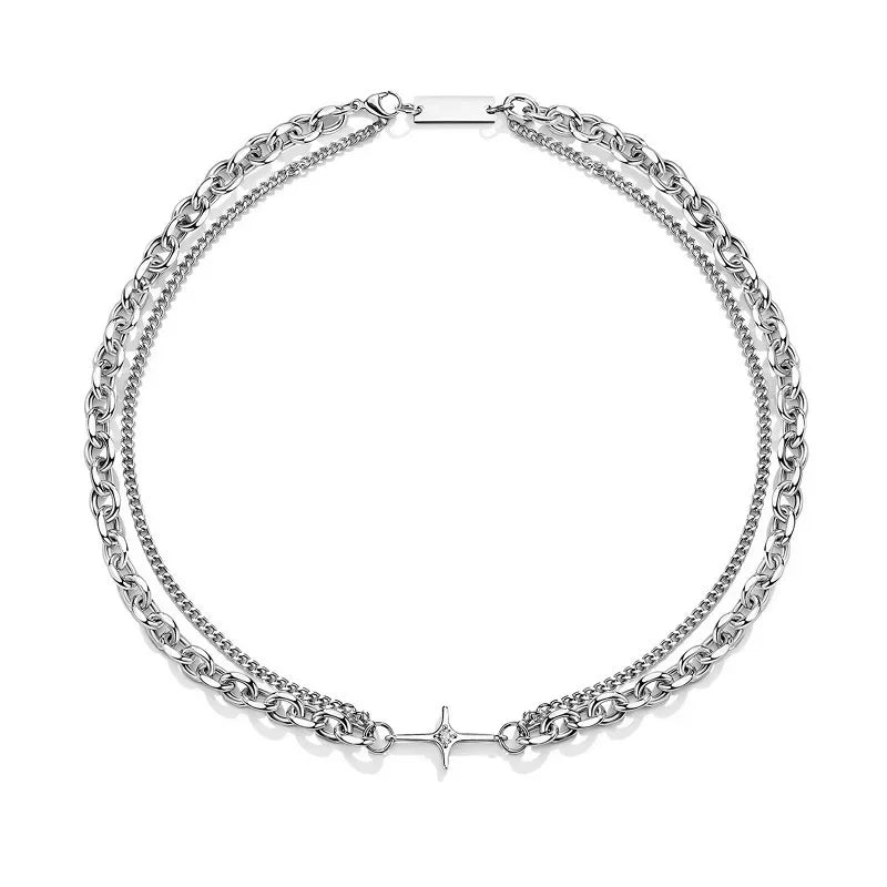 Mens Stainless Steel Double Layer Chain Necklace with Cross Pendant - Punk Rock Fashion Jewelry - Buzzastore