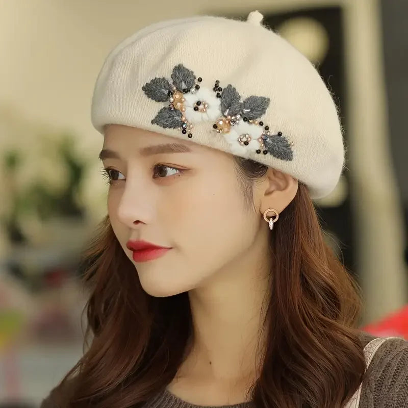 Elegant Flower Embroidered Beret Hat for Stylish Outfits - Buzzastore