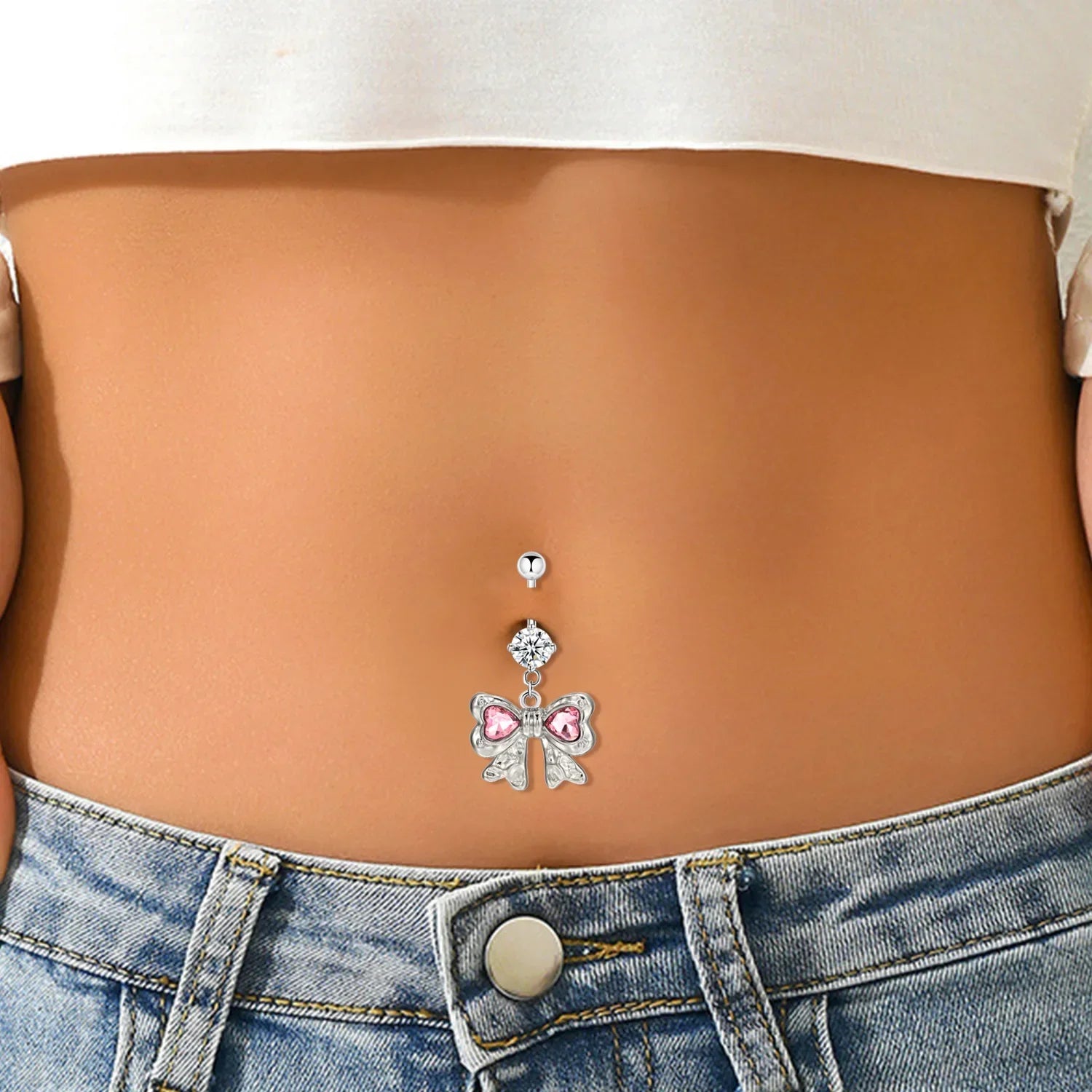 Delicate Zircon Bow Heart Navel Ring - Stylish Belly Button Piercing Jewelry for Women Girls - Buzzastore