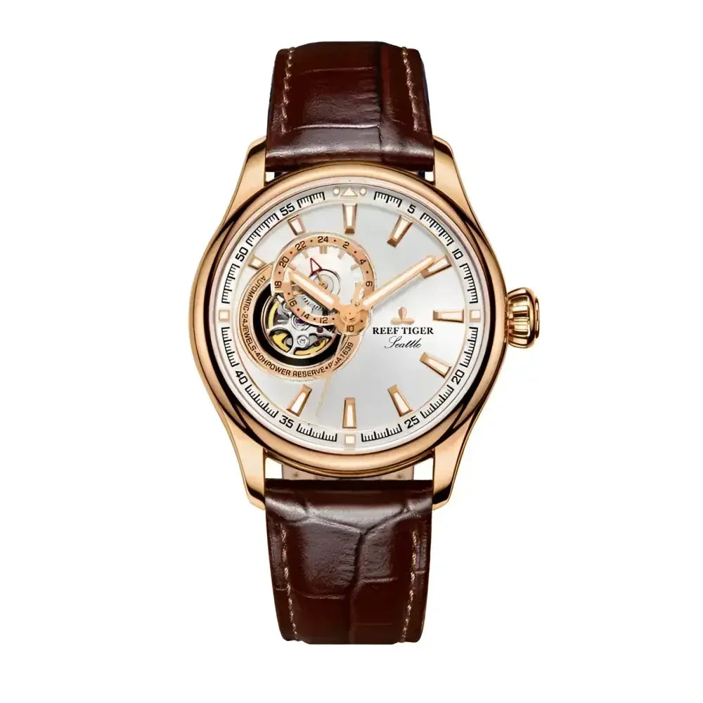 Reef Tiger Rose Gold Watch with Brown Leather Strap - Elegant Timepiece for Men - Buzzastore