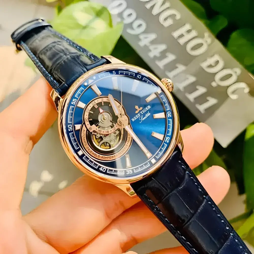 Reef Tiger Rose Gold Watch with Brown Leather Strap - Elegant Timepiece for Men - Buzzastore