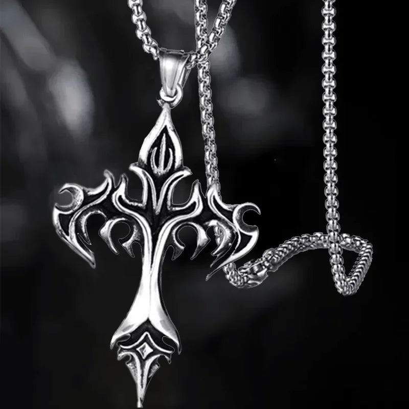 Punk Flame Cross Pendant Chain Necklace for Men Women - Long Hip Hop Gothic Jewelry Gift - Buzzastore