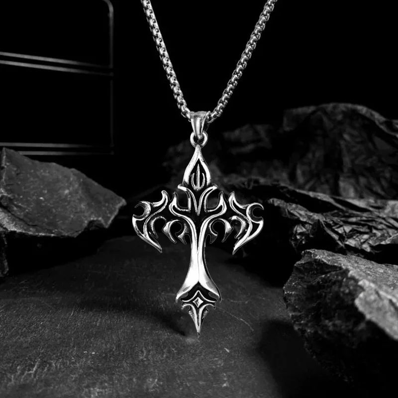 Punk Flame Cross Pendant Chain Necklace for Men Women - Long Hip Hop Gothic Jewelry Gift - Buzzastore