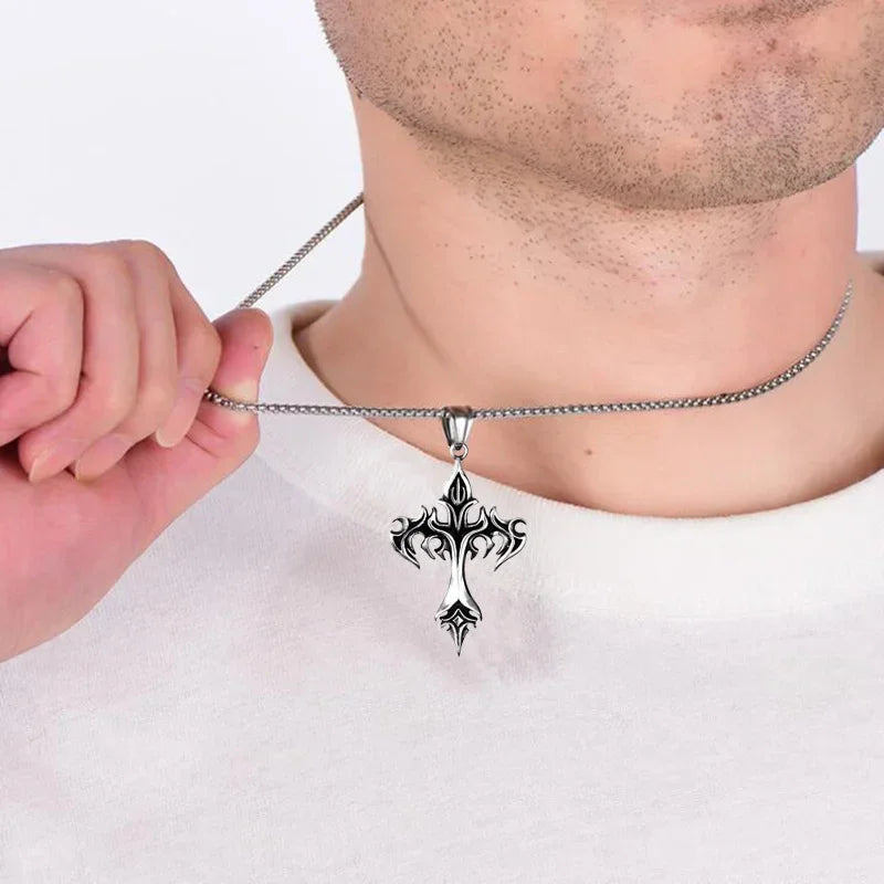 Punk Flame Cross Pendant Chain Necklace for Men Women - Long Hip Hop Gothic Jewelry Gift - Buzzastore