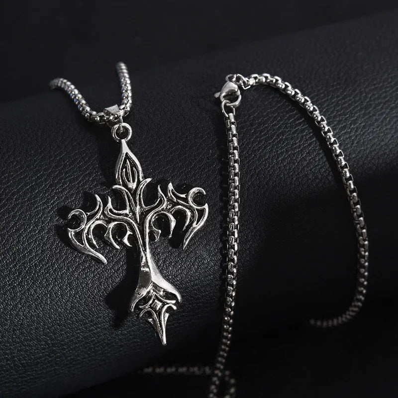 Punk Flame Cross Pendant Chain Necklace for Men Women - Long Hip Hop Gothic Jewelry Gift - Buzzastore