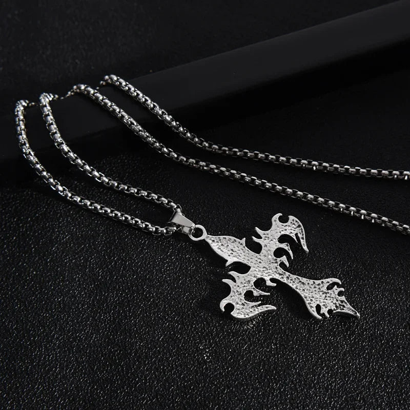Punk Flame Cross Pendant Chain Necklace for Men Women - Long Hip Hop Gothic Jewelry Gift - Buzzastore