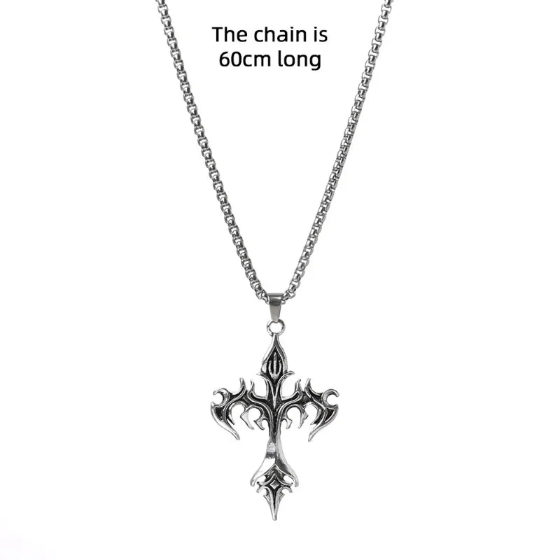 Punk Flame Cross Pendant Chain Necklace for Men Women - Long Hip Hop Gothic Jewelry Gift - Buzzastore