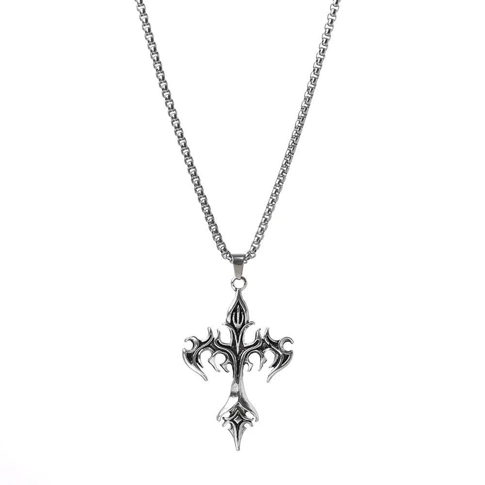 Punk Flame Cross Pendant Chain Necklace for Men Women - Long Hip Hop Gothic Jewelry Gift - Buzzastore