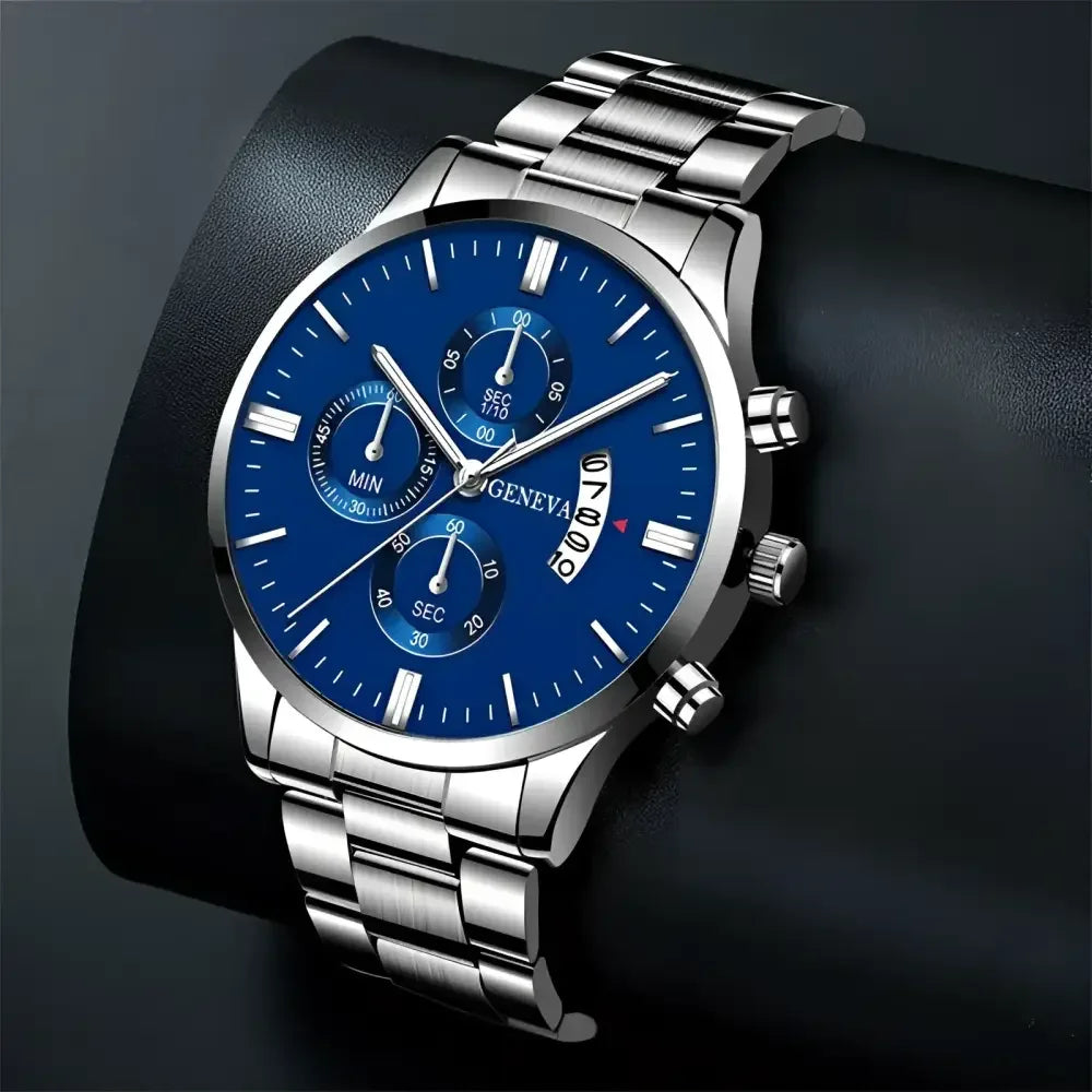 Geneva Blue Stainless Steel Watch for Men - Elegant Silver Design - Buzzastore