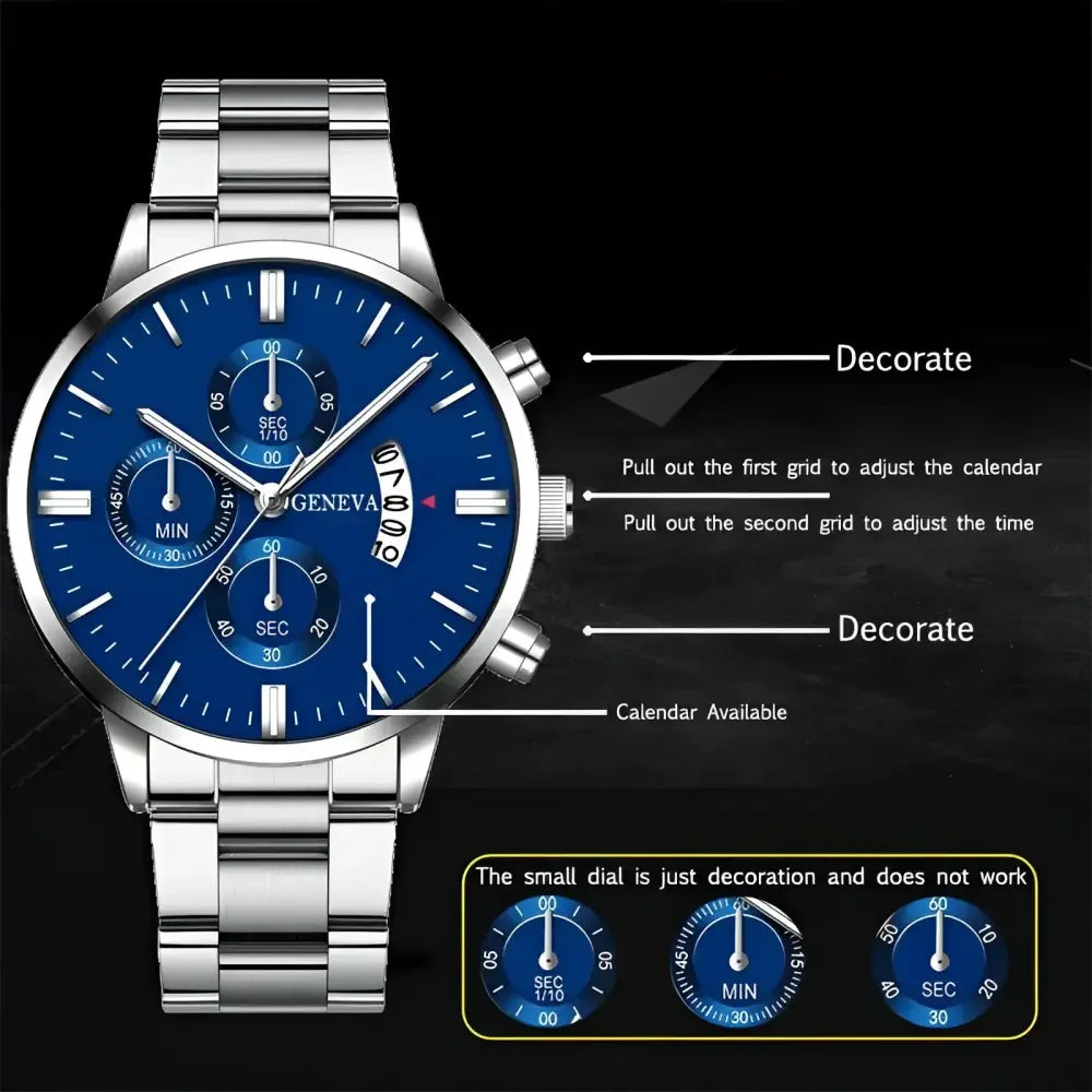 Geneva Blue Stainless Steel Watch for Men - Elegant Silver Design - Buzzastore