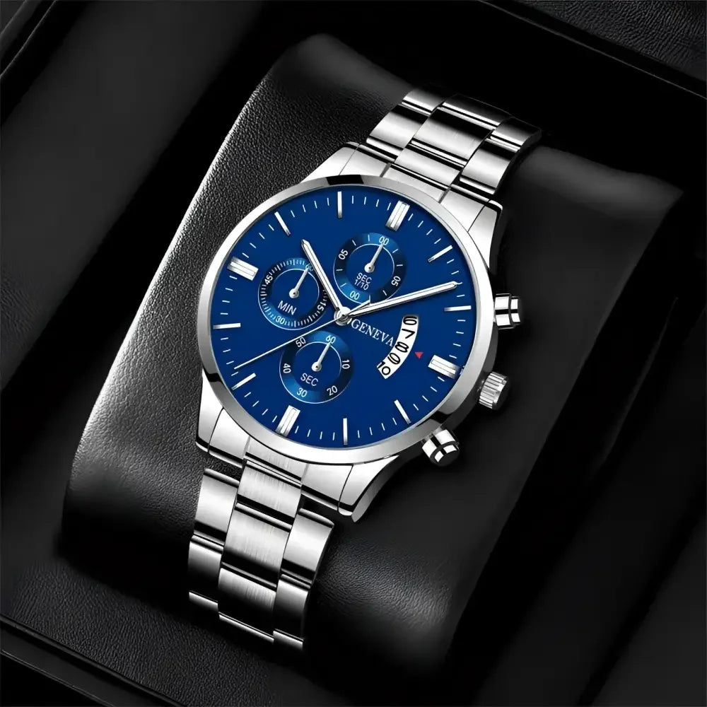 Geneva Blue Stainless Steel Watch for Men - Elegant Silver Design - Buzzastore