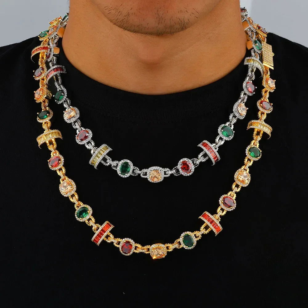 Hip Hop Geometric Chain Necklace for Men - White Gold Plated with Colored Zircon Trendy Gift for Him Her - Buzzastore