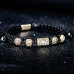 Mens Adjustable Black Braided Bracelet with Sparkling Synthetic Zirconia Elegant Golden-Tone Accent - Buzzastore