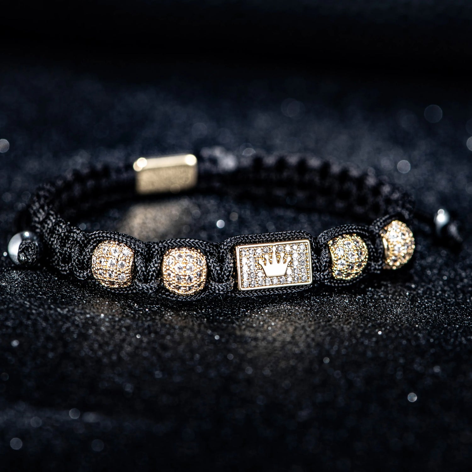 Mens Adjustable Black Braided Bracelet with Sparkling Synthetic Zirconia Elegant Golden-Tone Accent - Buzzastore