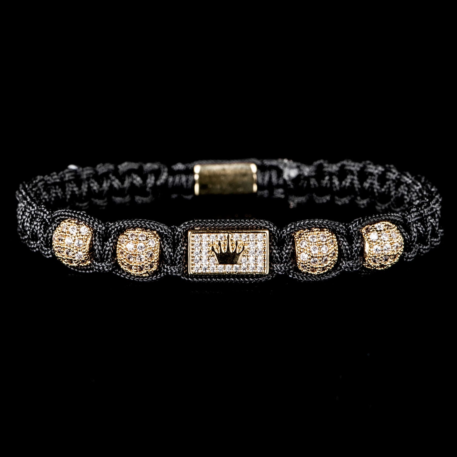 Mens Adjustable Black Braided Bracelet with Sparkling Synthetic Zirconia Elegant Golden-Tone Accent - Buzzastore