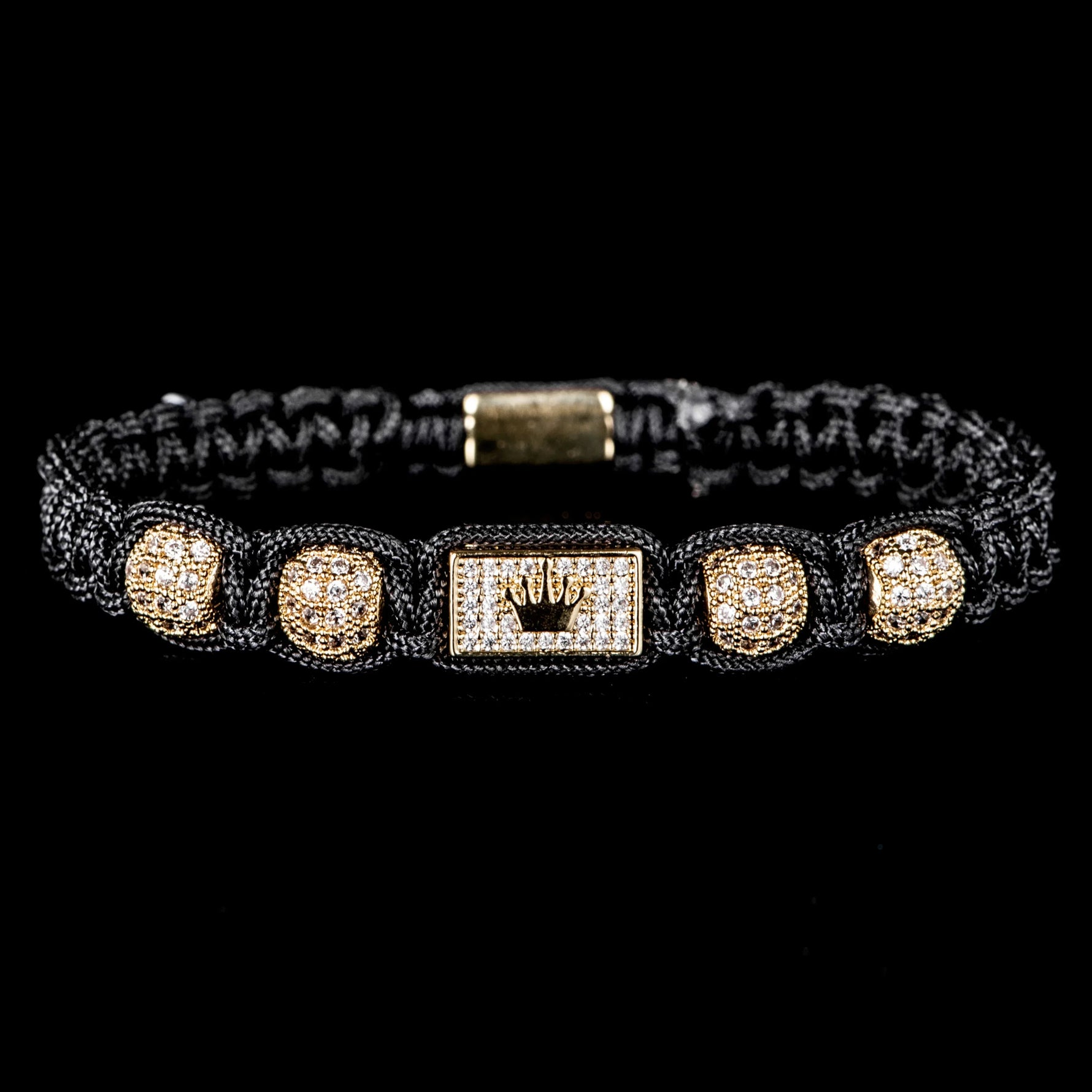 Mens Adjustable Black Braided Bracelet with Sparkling Synthetic Zirconia Elegant Golden-Tone Accent - Buzzastore