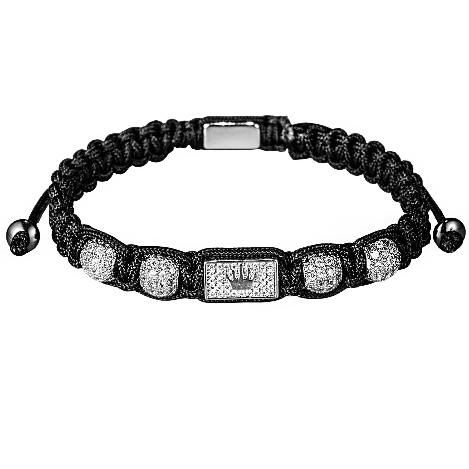 Mens Adjustable Black Braided Bracelet with Sparkling Synthetic Zirconia Elegant Golden-Tone Accent - Buzzastore