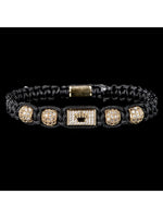 Mens Adjustable Black Braided Bracelet with Sparkling Synthetic Zirconia Elegant Golden-Tone Accent - Buzzastore