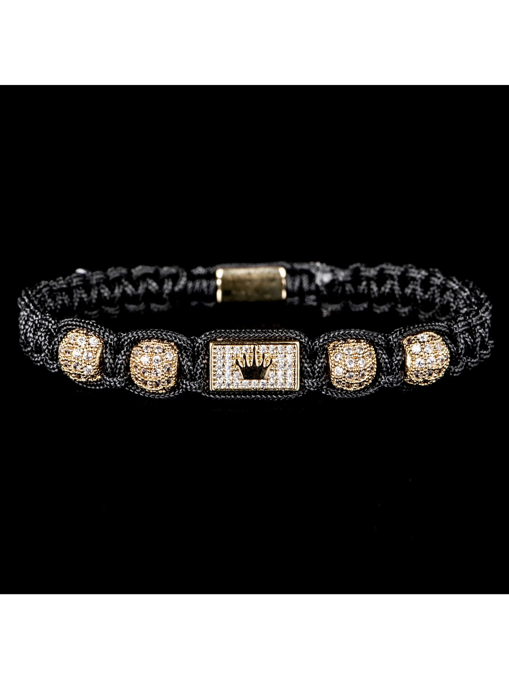 Mens Adjustable Black Braided Bracelet with Sparkling Synthetic Zirconia Elegant Golden-Tone Accent - Buzzastore