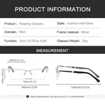 Mens Half-Frame Anti-Blue Light Reading Glasses Metal Presbyopia Frames 10 to 40 Anti-Fatigue Design - Buzzastore
