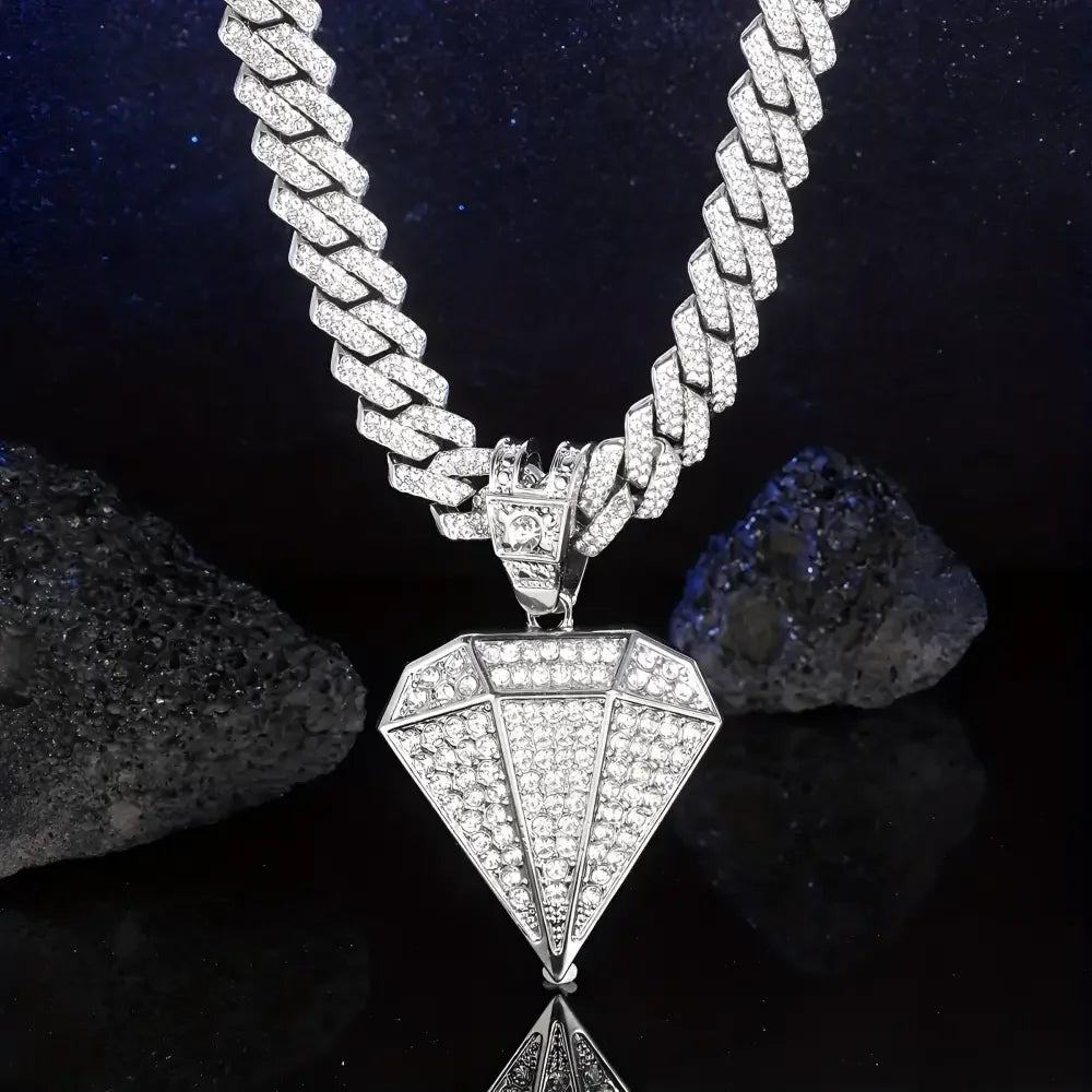 Gold Diamond Pendant Necklace with Golden Rhinestone Accents on Miami Cuban Chain - Buzzastore