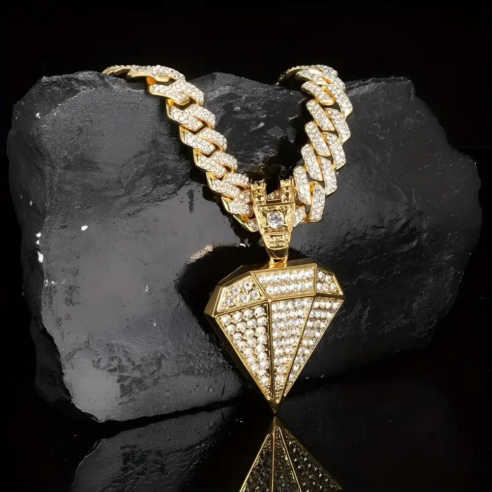 Gold Diamond Pendant Necklace with Golden Rhinestone Accents on Miami Cuban Chain - Buzzastore