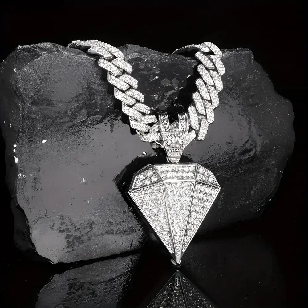 Gold Diamond Pendant Necklace with Golden Rhinestone Accents on Miami Cuban Chain - Buzzastore