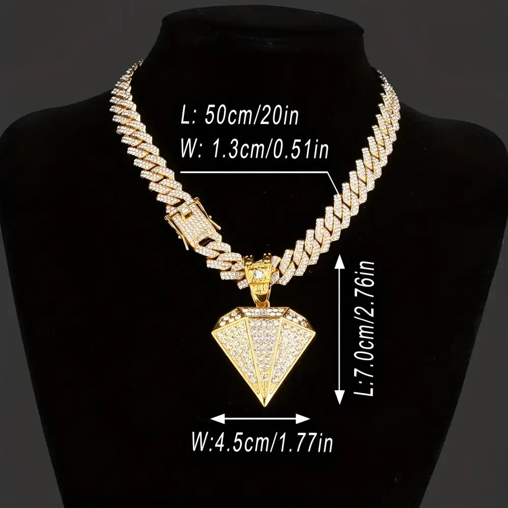 Gold Diamond Pendant Necklace with Golden Rhinestone Accents on Miami Cuban Chain - Buzzastore