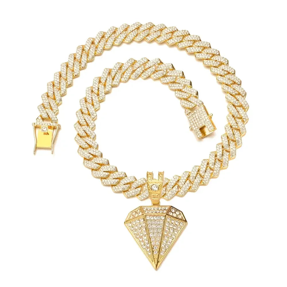Gold Diamond Pendant Necklace with Golden Rhinestone Accents on Miami Cuban Chain - Buzzastore