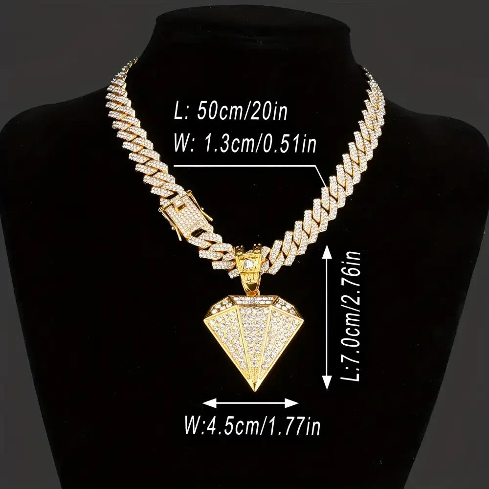 Gold Diamond Pendant Necklace with Golden Rhinestone Accents on Miami Cuban Chain - Buzzastore