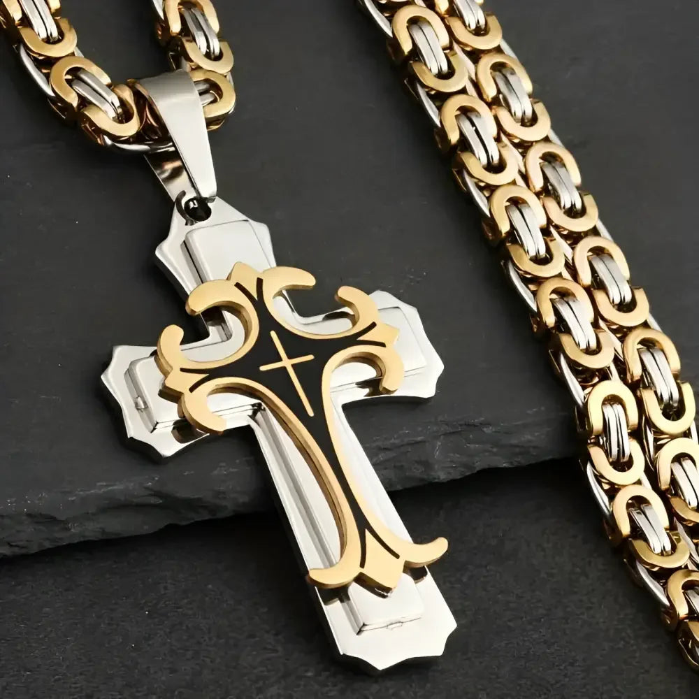 Two-Tone Stainless Steel Cross Pendant Necklace for Men and Women - Buzzastore