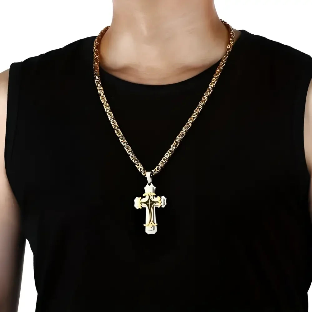 Two-Tone Stainless Steel Cross Pendant Necklace for Men and Women - Buzzastore