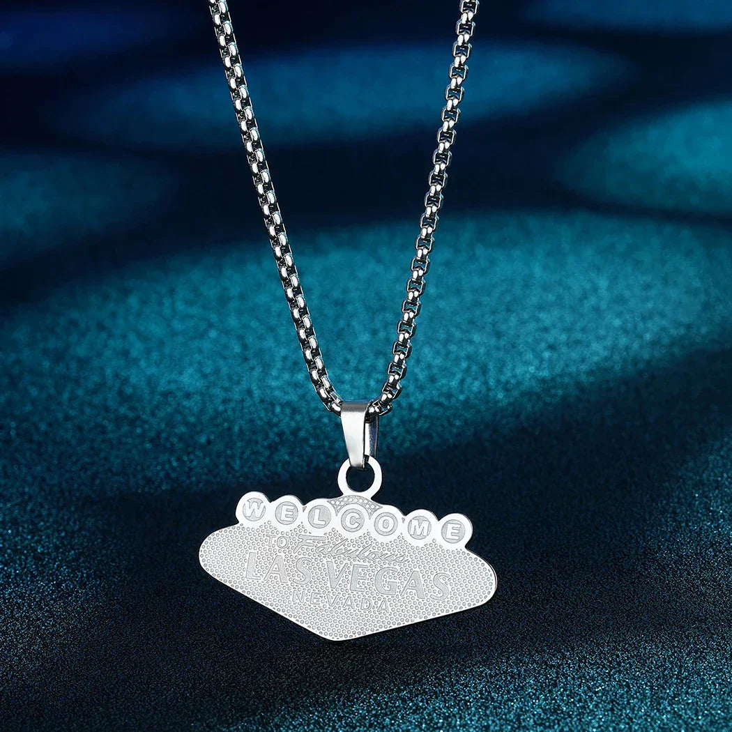 Mens Stainless Steel Punk Las Vegas Pendant Necklace Key Chain - Geometric Choker Jewelry for Women - Buzzastore
