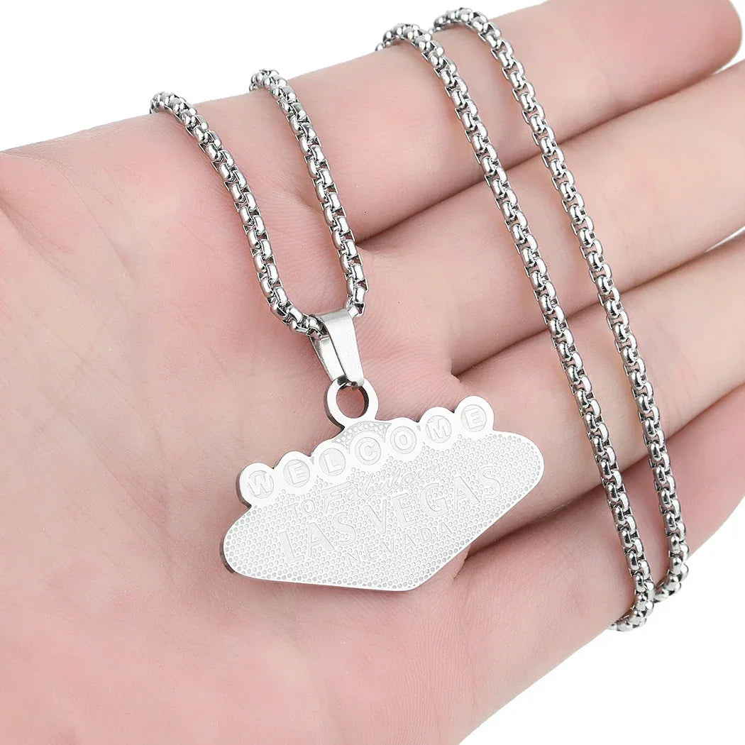 Mens Stainless Steel Punk Las Vegas Pendant Necklace Key Chain - Geometric Choker Jewelry for Women - Buzzastore