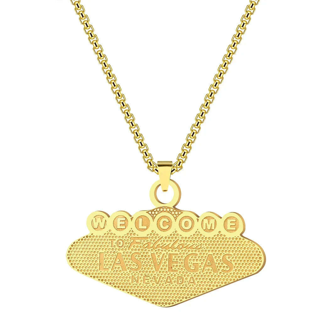 Mens Stainless Steel Punk Las Vegas Pendant Necklace Key Chain - Geometric Choker Jewelry for Women - Buzzastore