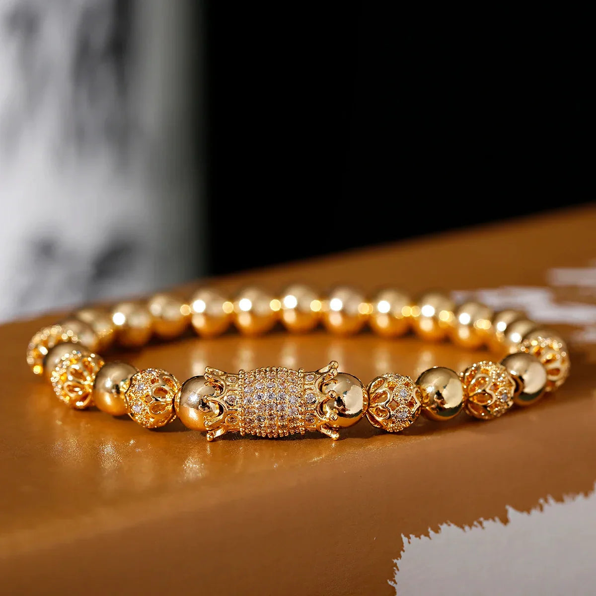 Luxury Crystal CZ Crown Flower Bead Bracelet for Men Women - Elegant Gift Jewelry - Buzzastore
