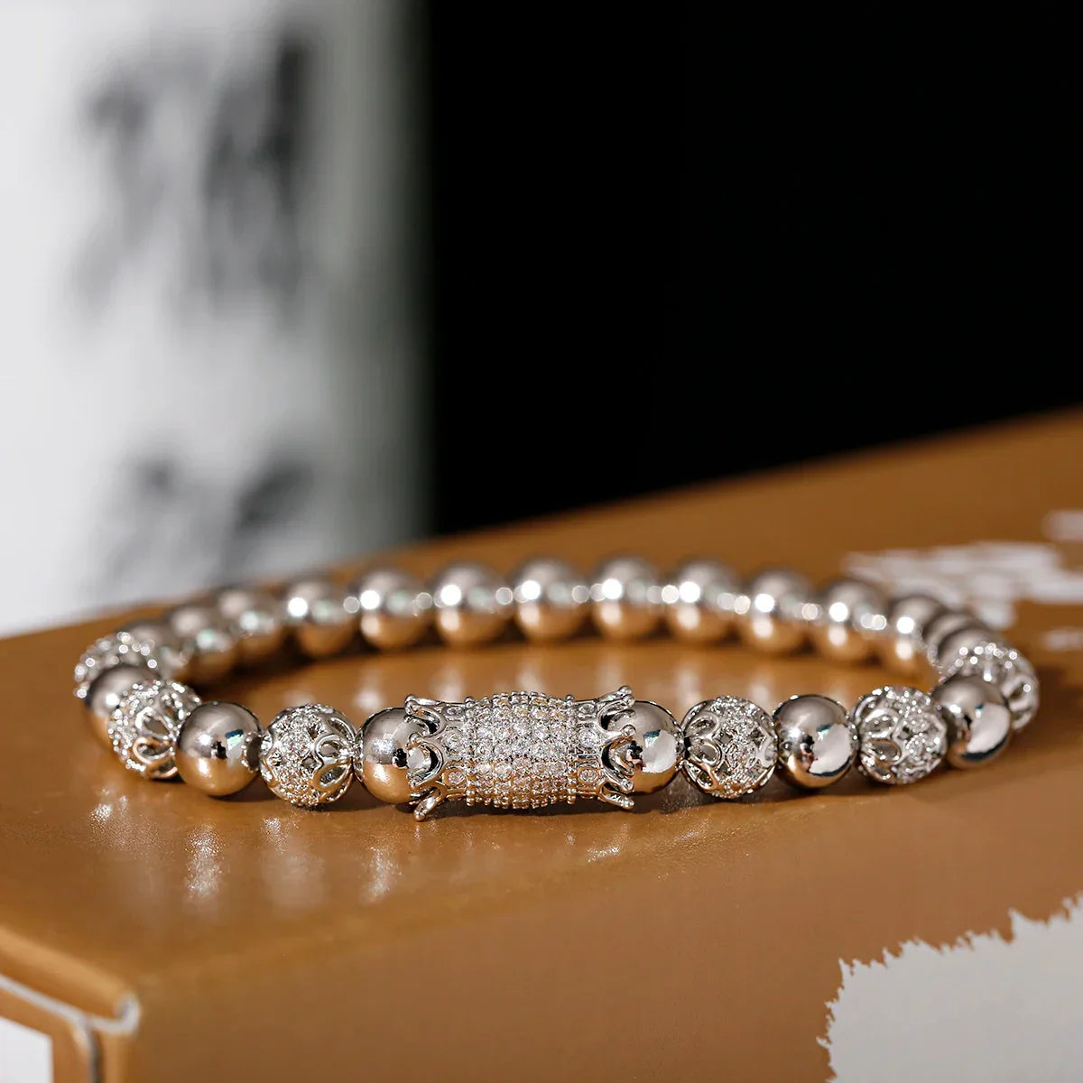 Luxury Crystal CZ Crown Flower Bead Bracelet for Men Women - Elegant Gift Jewelry - Buzzastore