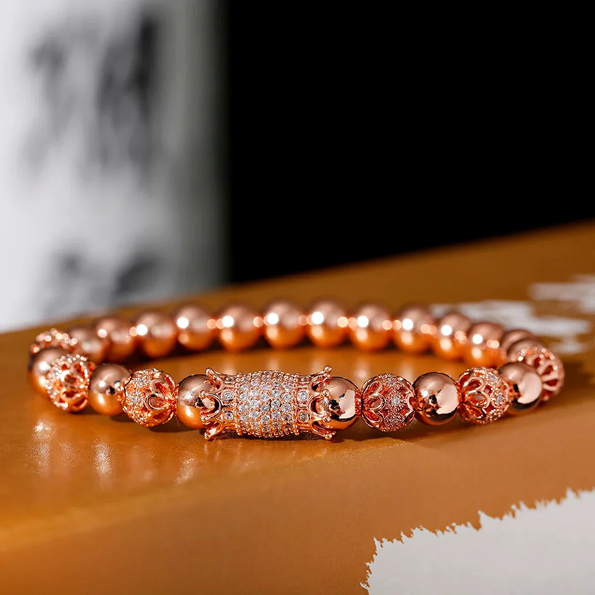 Luxury Crystal CZ Crown Flower Bead Bracelet for Men Women - Elegant Gift Jewelry - Buzzastore