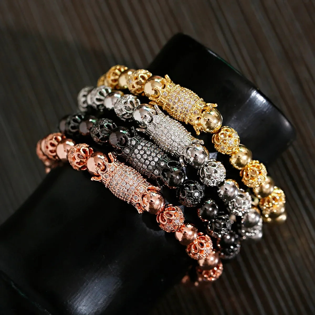 Luxury Crystal CZ Crown Flower Bead Bracelet for Men Women - Elegant Gift Jewelry - Buzzastore