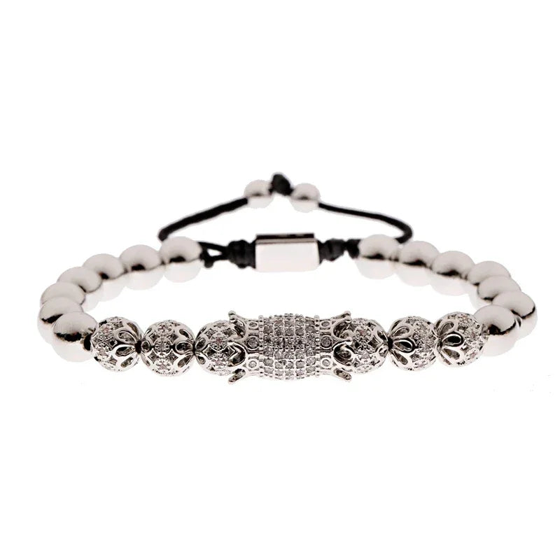 Luxury Crystal CZ Crown Flower Bead Bracelet for Men Women - Elegant Gift Jewelry - Buzzastore
