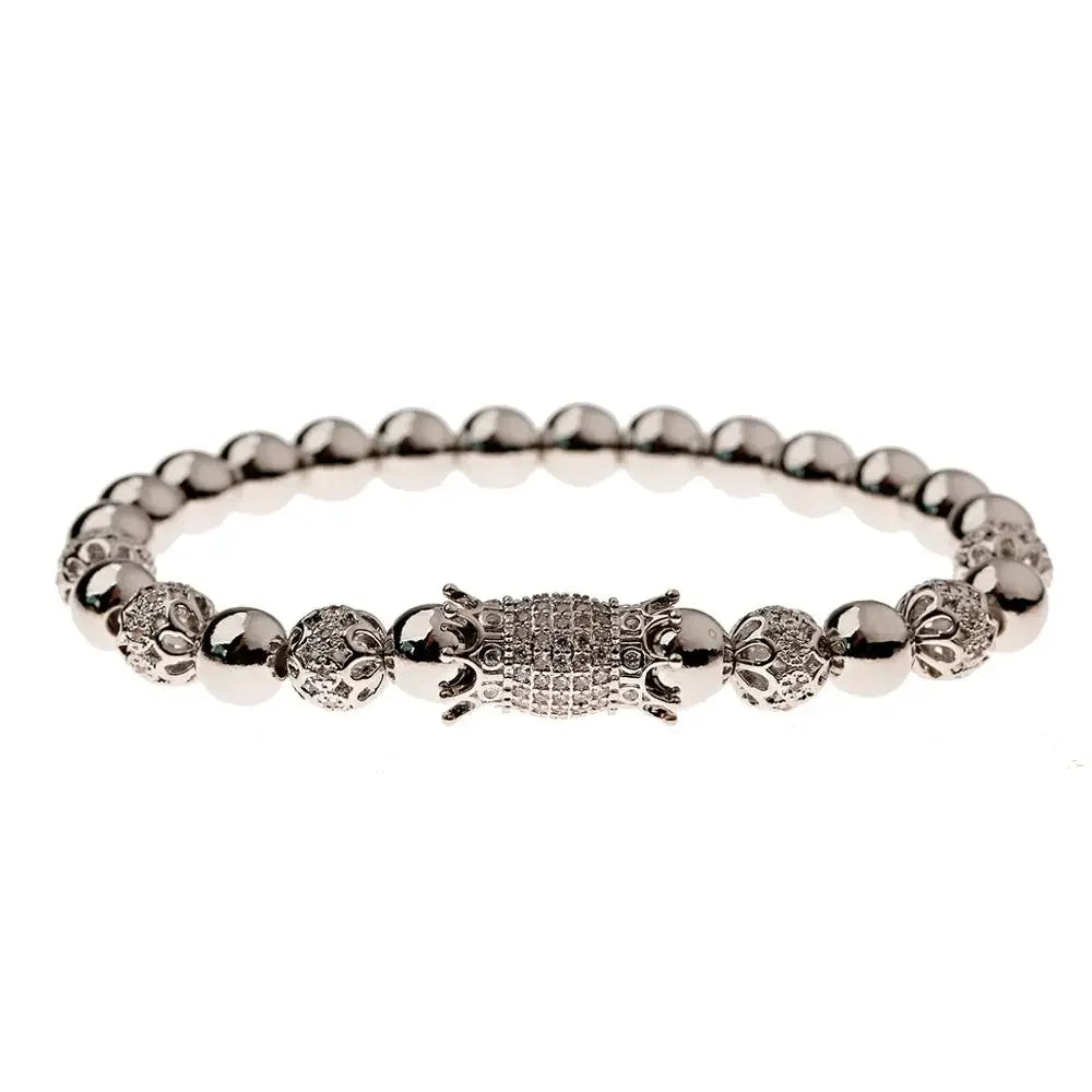 Luxury Crystal CZ Crown Flower Bead Bracelet for Men Women - Elegant Gift Jewelry - Buzzastore