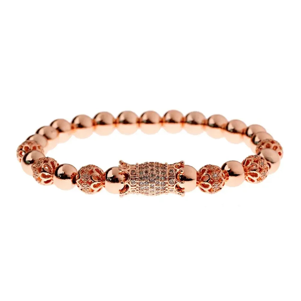 Luxury Crystal CZ Crown Flower Bead Bracelet for Men Women - Elegant Gift Jewelry - Buzzastore