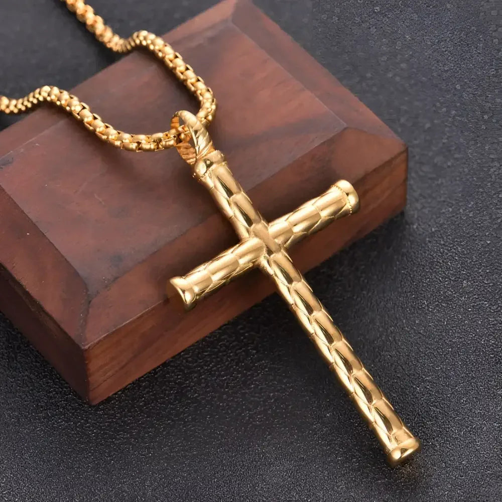 Gold Stainless Steel Cross Pendant Necklace Elegant Religious Jewelry - Buzzastore