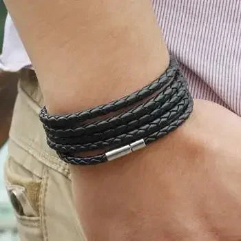 Mens Leather Multilayer Bracelet - Handmade Black White Bangles for Women Stylish Jewelry Gift - Buzzastore